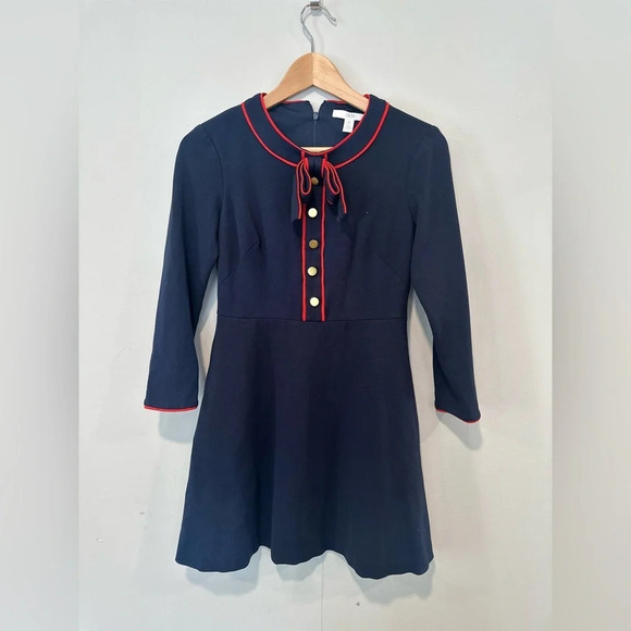1901 Navy blue red bow a line fit flare long sleeve dress size 4P preppy 1096 - Picture 4 of 11